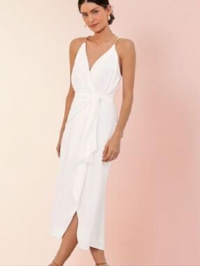 NWT VIX Paula Hermanny Carly White Greek Goddess Wrap Side Tie Midi Dress XL